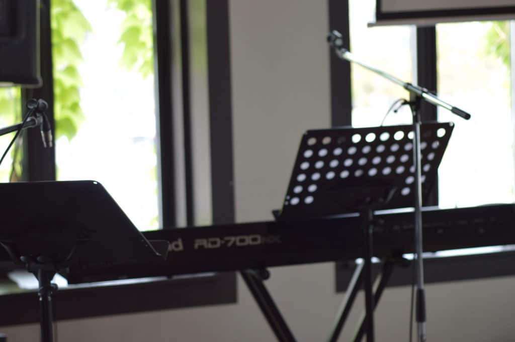 There isn’t a traditional organ here. Instead, modern day instruments are used like a keyboard and guitar are used. Photo taken by Meg Marshall.